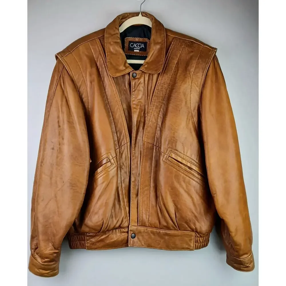 CACCIA Men's SZ M Vintage Camel Color Buttery Soft Leather Bomber Jacket 80's